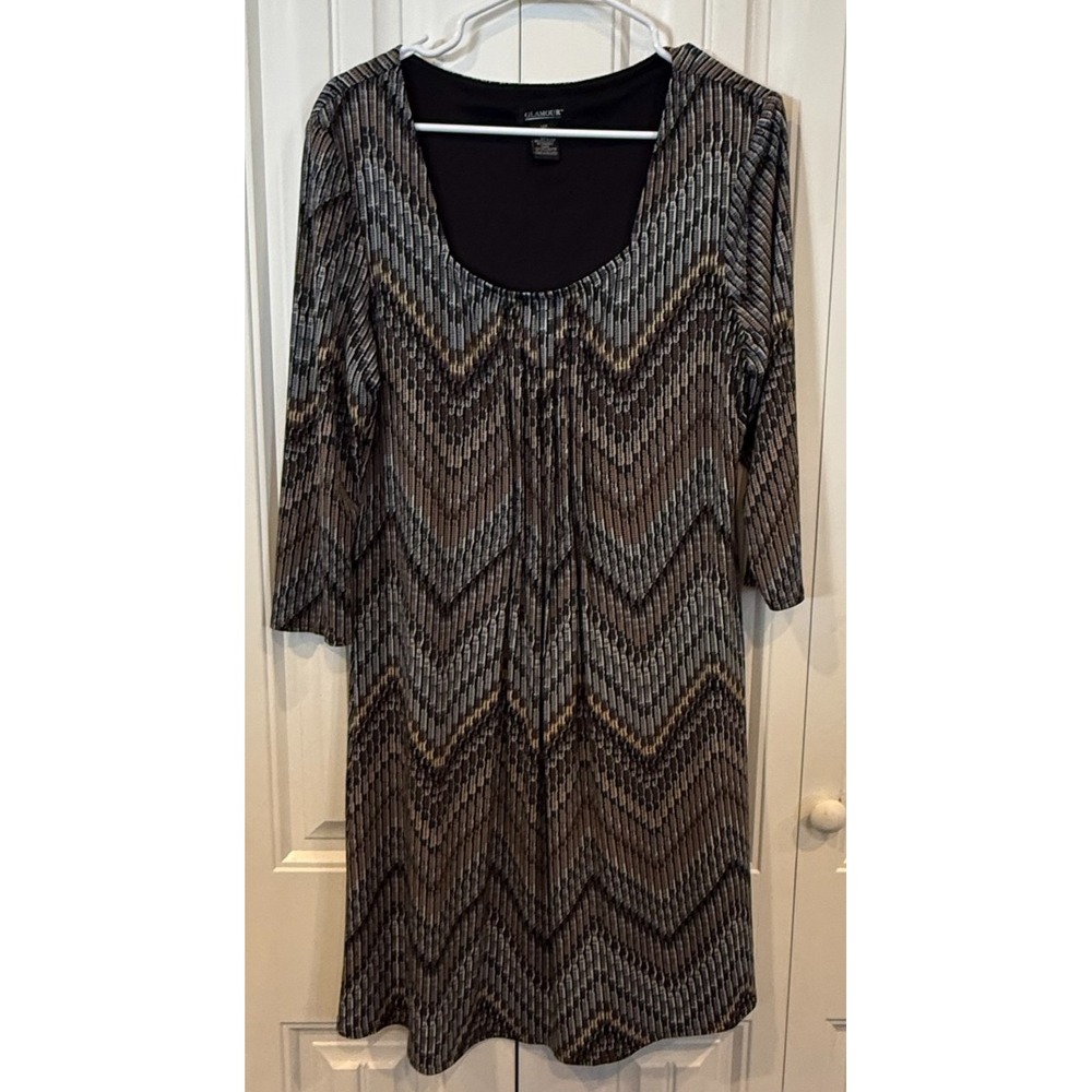 Glamour Petite Women's 14P Black Brown Geometric Zigzag 3/4 Sleeve Sheath Dress